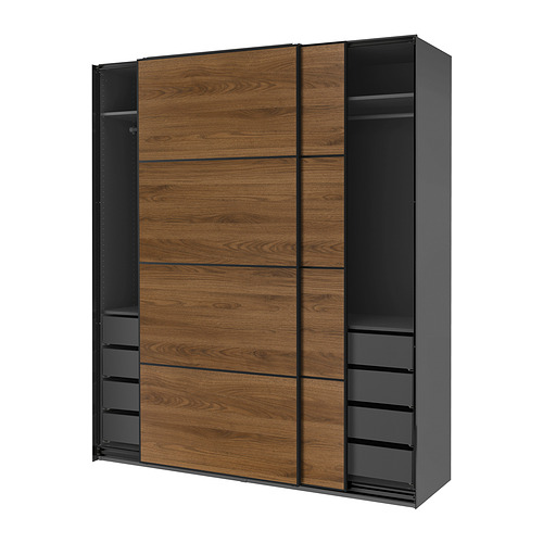 PAX/MEHAMN - wardrobe with sliding doors, dark grey black/double sided walnut, 200x66x236 cm | IKEA Taiwan Online - E1002544_S4