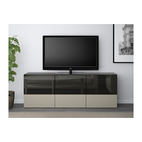 BESTÅ - TV bench with doors and drawers, black-brown/Selsviken high-gloss/beige smoked glass | IKEA Taiwan Online - PE559602_S4
