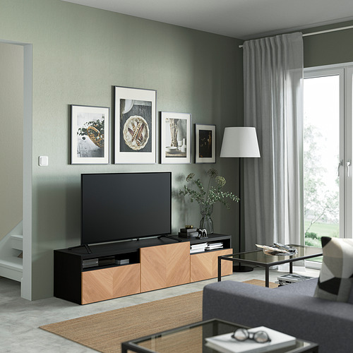 BESTÅ - TV bench with drawers and door, black-brown/Hedeviken oak veneer | IKEA Taiwan Online - PE821422_S4