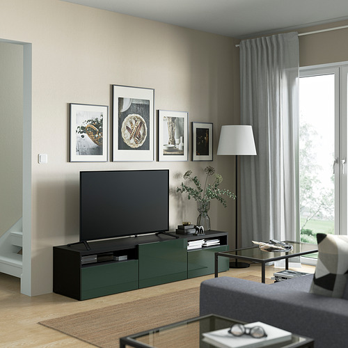 BESTÅ - TV bench with drawers and door, black-brown/Selsviken dark olive-green | IKEA Taiwan Online - PE821387_S4