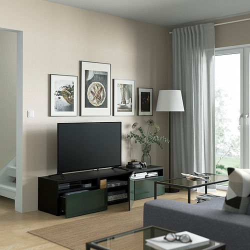 BESTÅ - TV bench with drawers and door, black-brown/Selsviken dark olive-green | IKEA Taiwan Online - PE821388_S4