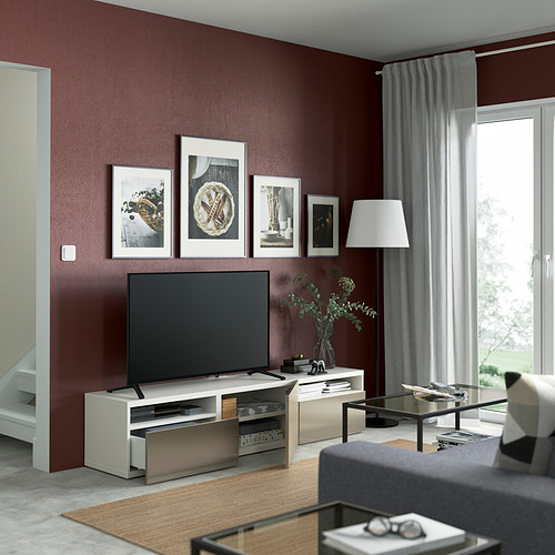 BESTÅ - TV bench with drawers and door, white/Riksviken light bronze effect | IKEA Taiwan Online - PE821434_S4
