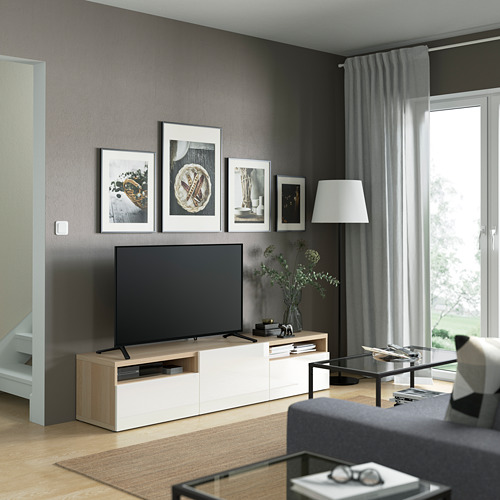 BESTÅ - TV bench, white stained oak effect/Selsviken high-gloss/white | IKEA Taiwan Online - PE821453_S4