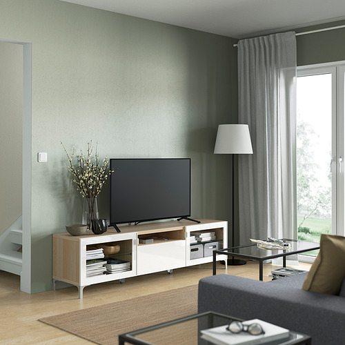 BESTÅ - TV bench, white stained oak effect/Selsviken high-gloss/white clear glass | IKEA Taiwan Online - PE821478_S4
