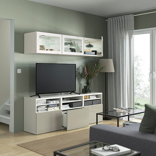 BESTÅ - TV storage combination/glass doors, white/Selsviken high-gloss/beige clear glass | IKEA Taiwan Online - PE822040_S4