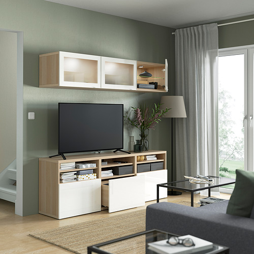 BESTÅ - TV storage combination/glass doors, white stained oak effect/Selsviken high-gloss/white frosted glass | IKEA Taiwan Online - PE822042_S4
