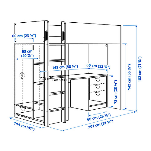 SMÅSTAD loft bed frame w desk and storage