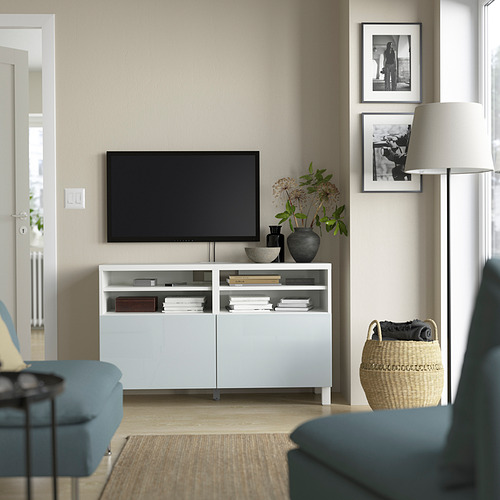 BESTÅ - TV bench with doors, white/Selsviken/Stubbarp light grey-blue | IKEA Taiwan Online - PE823861_S4