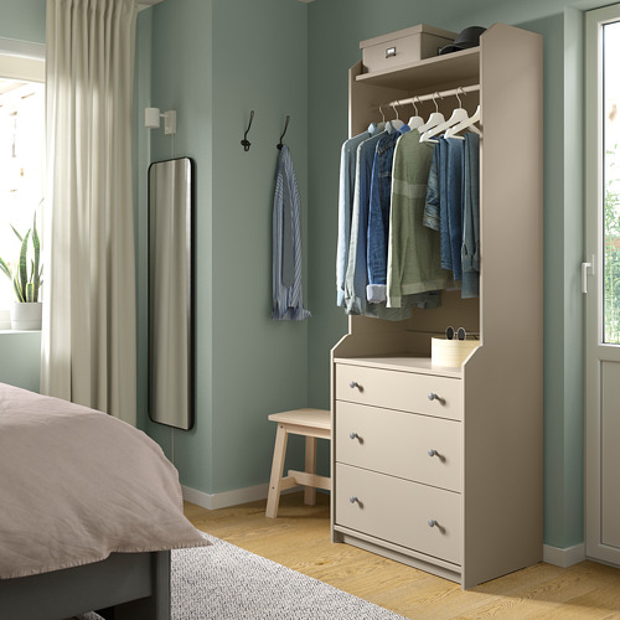 HAUGA open wardrobe with 3 drawers