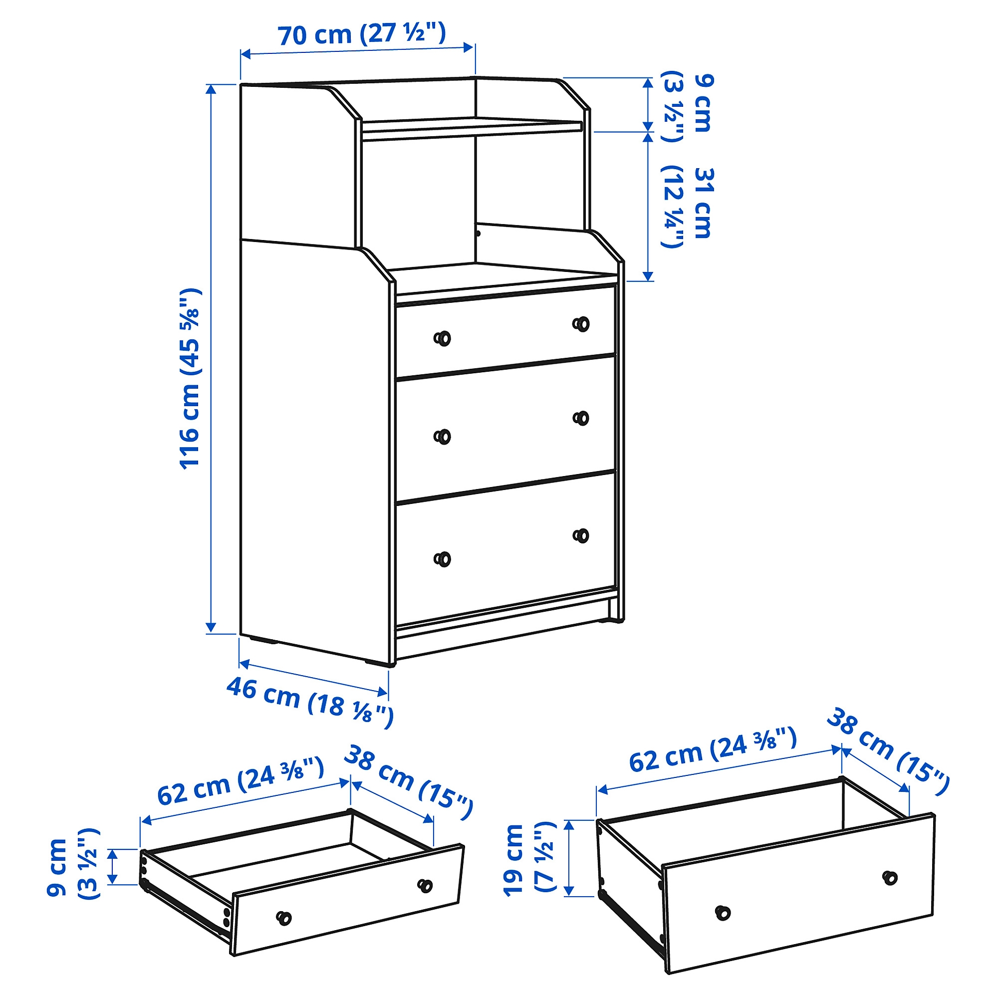 HAUGA chest of 3 drawers with shelf