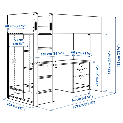 SMÅSTAD loft bed frame w desk and storage