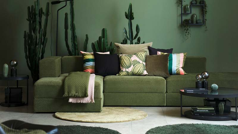 3,5-seat sofa with chaise longues JÄTTEBO, Dark yellow-green