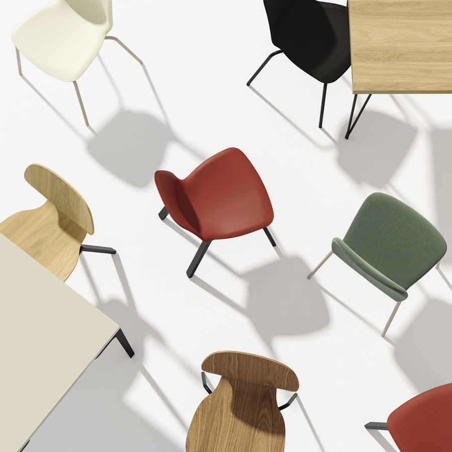 An eagle-eye's view of different combinations of SKÅLSTA chairs placed randomly on surface.