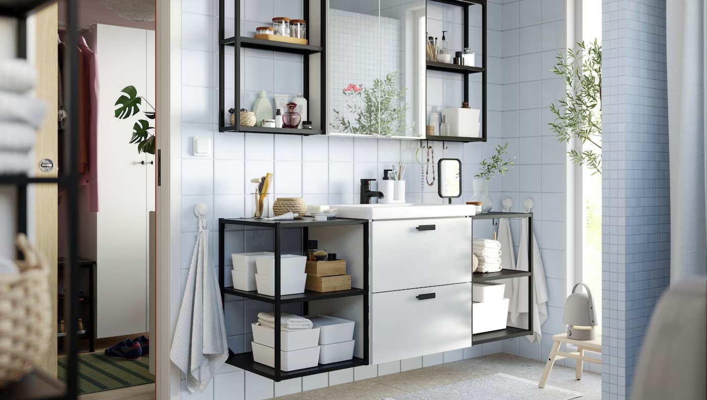 A shared bathroom with a simple look and lots of storage