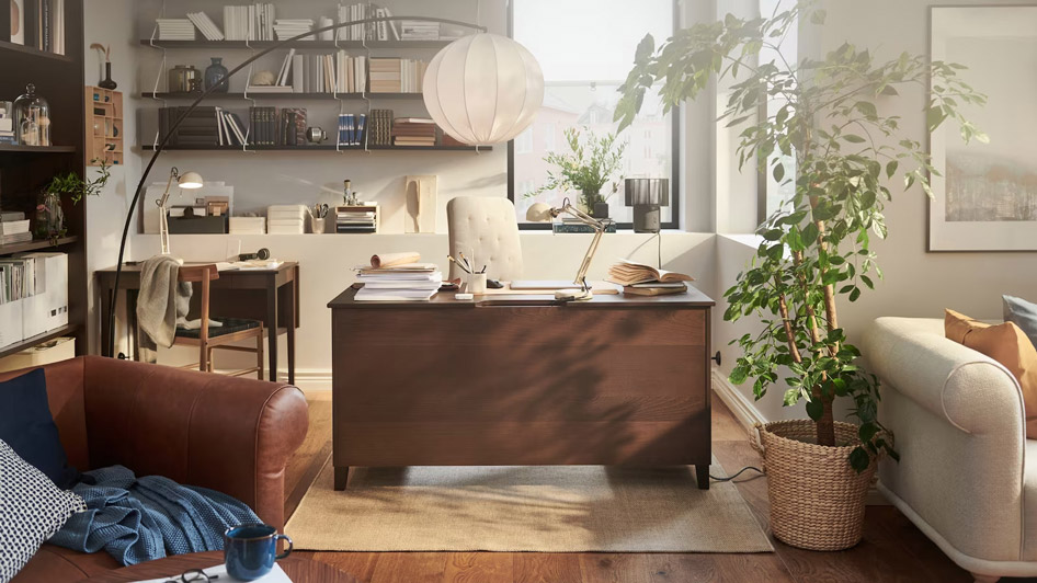 A traditional workspace at home with a refined aesthetic