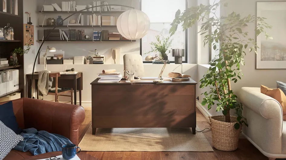 A traditional workspace at home with a refined aesthetic