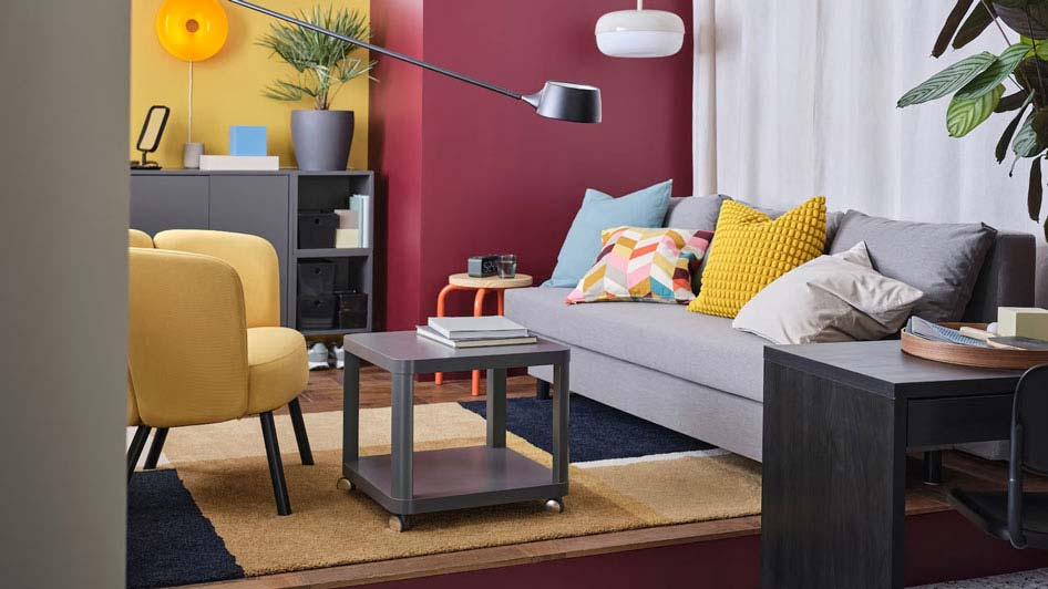A retro living room with lots of storage
