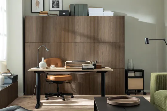 A coordinated, brown-wood dream of a home workspace